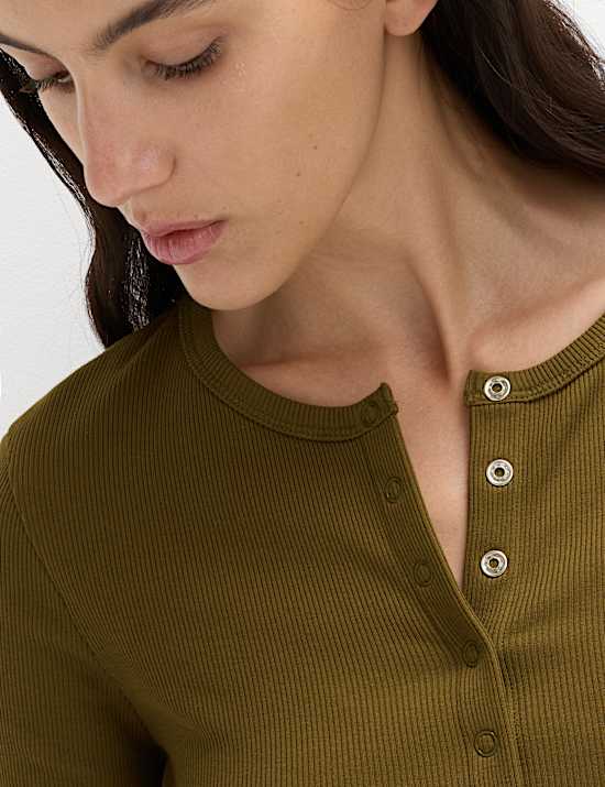 Top Henley en coton &agrave; manches longues et bouton-pression
