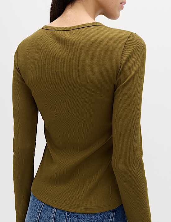 Top Henley en coton &agrave; manches longues et bouton-pression