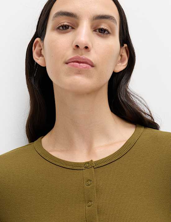 Top Henley en coton &agrave; manches longues et bouton-pression