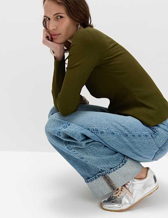 Cotton Rich Long Sleeve Popper Henley Top