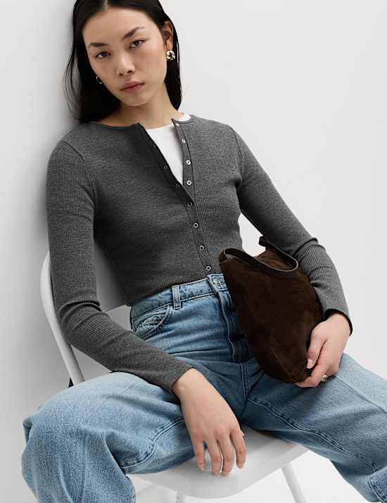 Cotton Rich Long Sleeve Popper Henley Top