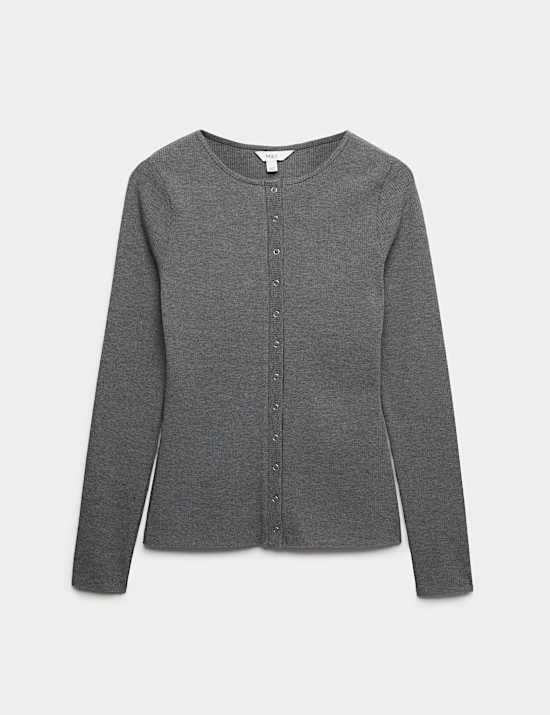 Cotton Rich Long Sleeve Popper Henley Top