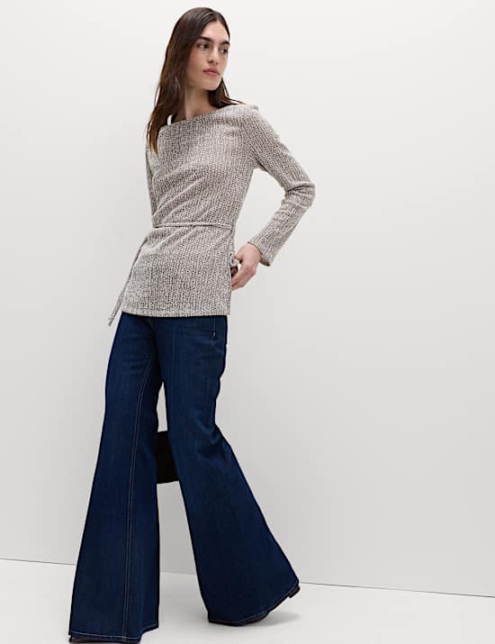 Textured Tie Waist Long Sleeve Top