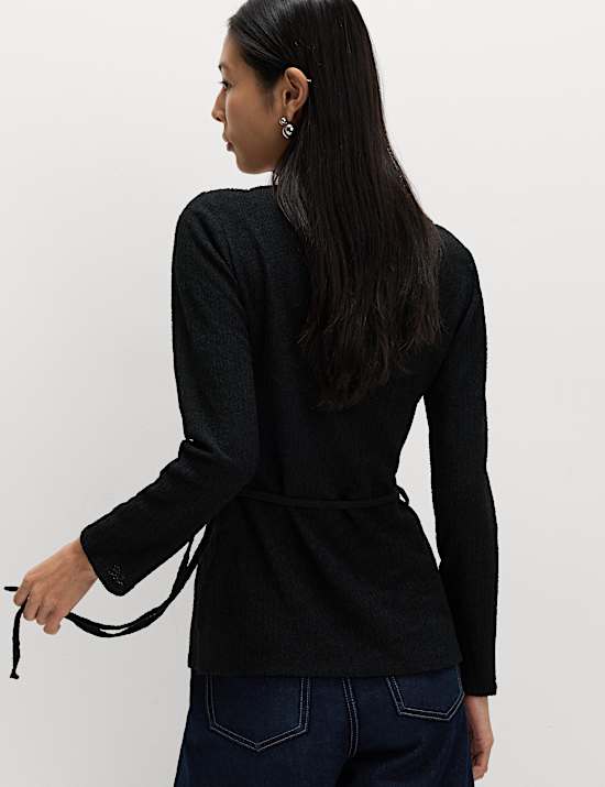 Textured Tie Waist Long Sleeve Top