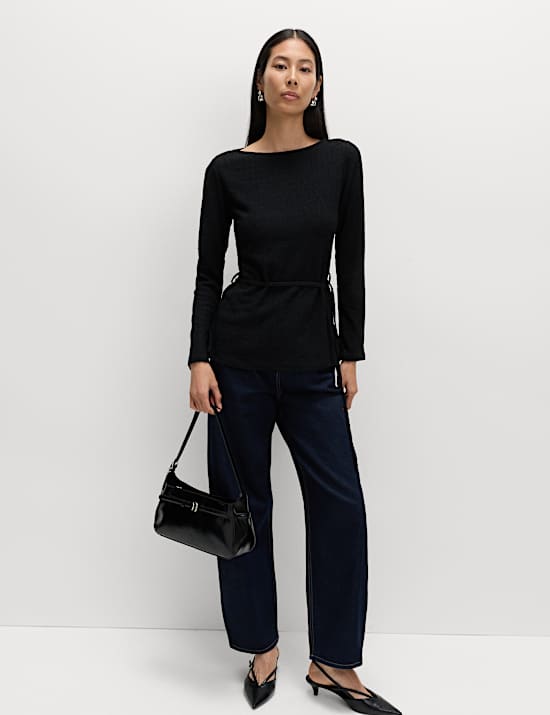 Textured Tie Waist Long Sleeve Top