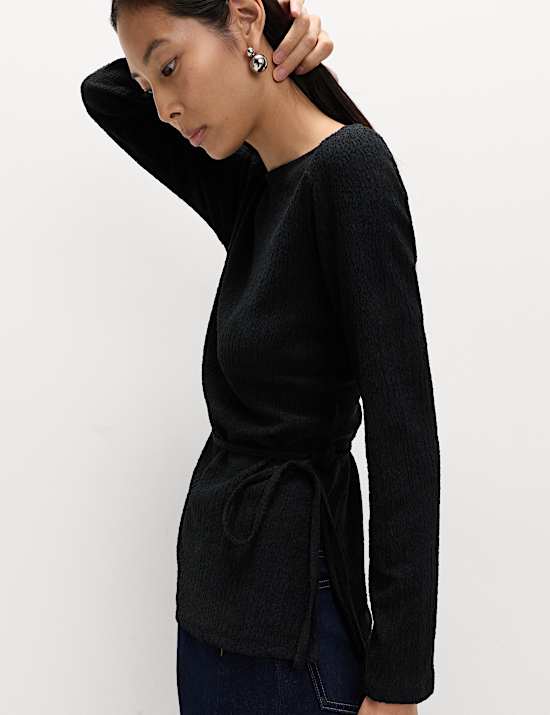 Textured Tie Waist Long Sleeve Top