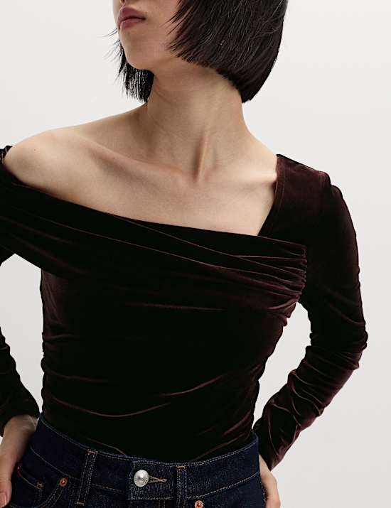 Velvet Asymmetric Neck One Shoulder Top