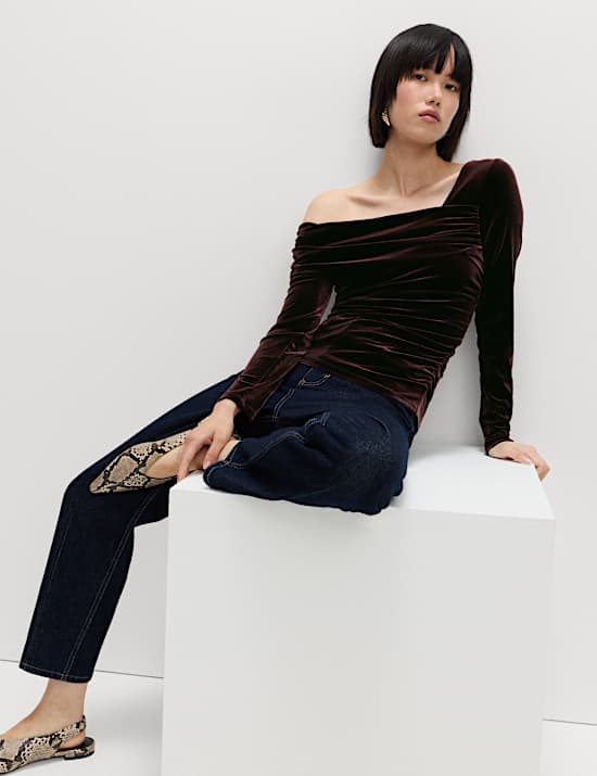 Velvet Asymmetric Neck One Shoulder Top