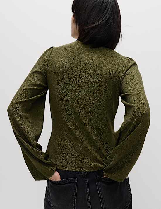 Sparkly Button Through Blouson Sleeve Top