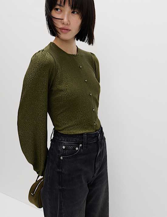 Sparkly Button Through Blouson Sleeve Top