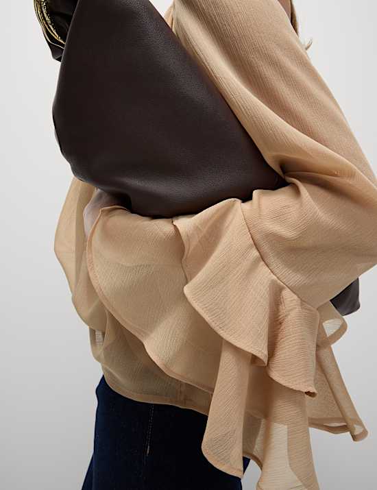 Crew Neck Ruffle Sleeve Blouse