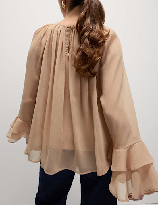 Crew Neck Ruffle Sleeve Blouse