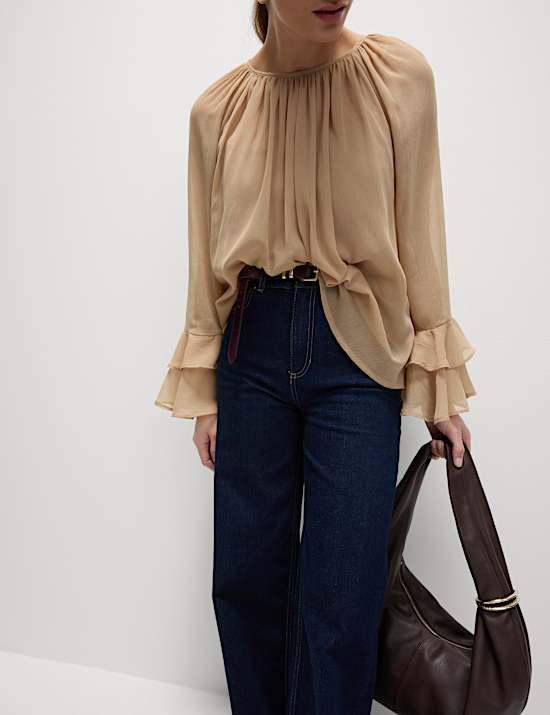 Crew Neck Ruffle Sleeve Blouse