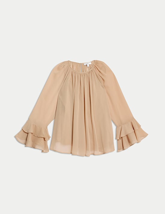 Crew Neck Ruffle Sleeve Blouse