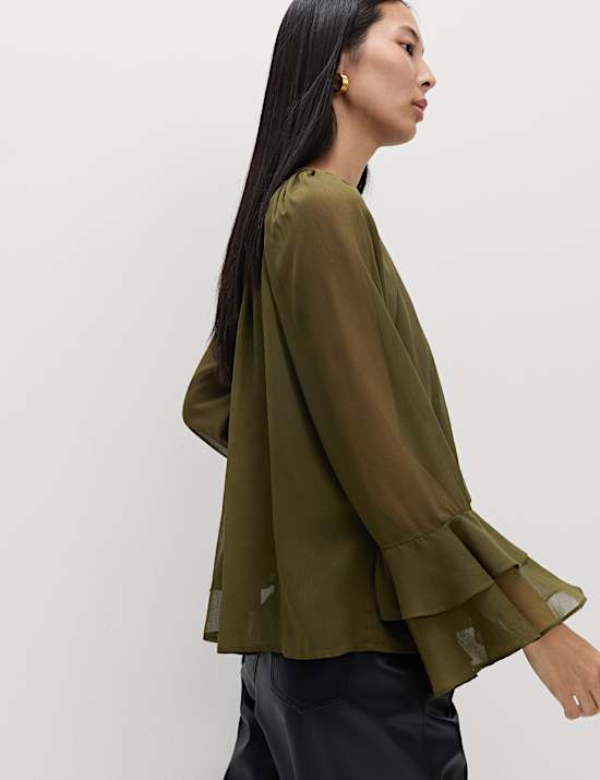 Crew Neck Ruffle Sleeve Blouse