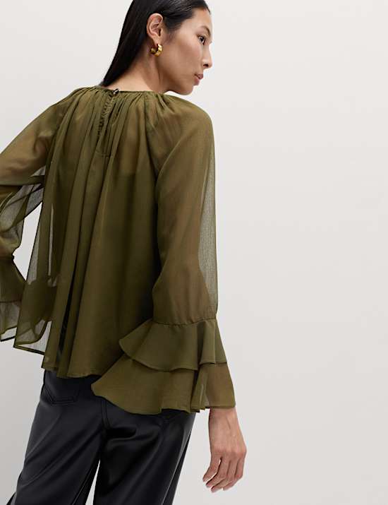 Crew Neck Ruffle Sleeve Blouse