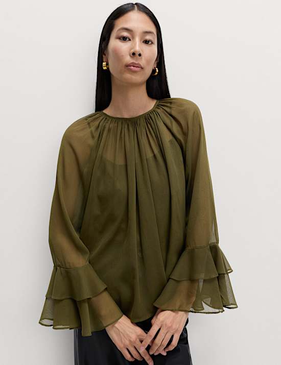 Crew Neck Ruffle Sleeve Blouse