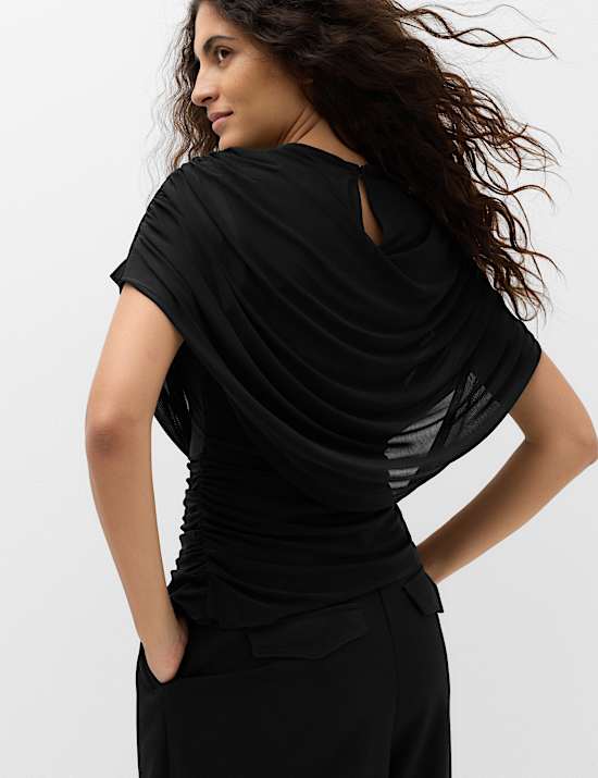 Mesh Draped Crew Neck Top