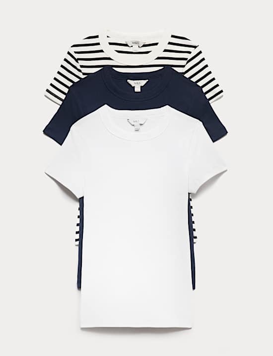 3 Pack Cotton Rich Ribbed Slim Fit T-Shirts