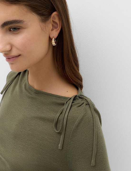 Tie Shoulder Long Sleeve Top With Wool