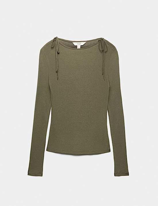 Tie Shoulder Long Sleeve Top With Wool