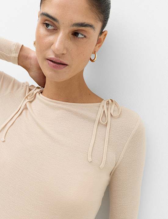 Tie Shoulder Long Sleeve Top With Wool