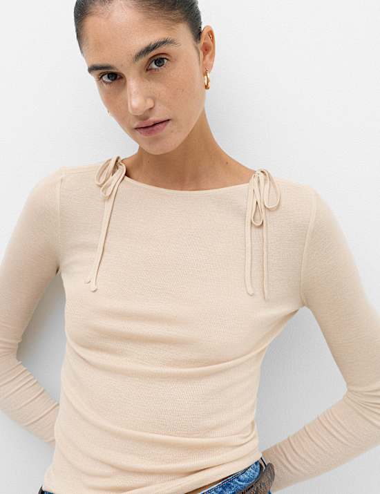 Tie Shoulder Long Sleeve Top With Wool