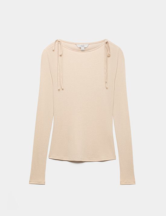 Tie Shoulder Long Sleeve Top With Wool