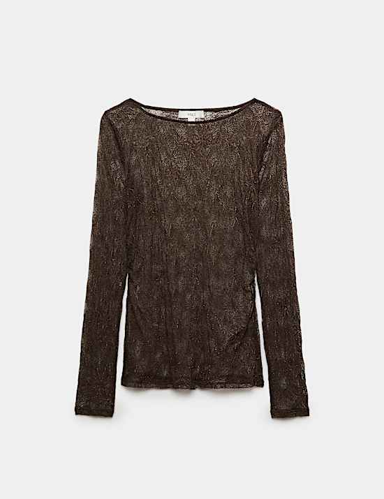 Sparkly Lace Slash Neck Regular Fit Top