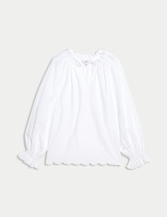 Bluse aus reiner Baumwolle mit Rüschen und Lochstickerei