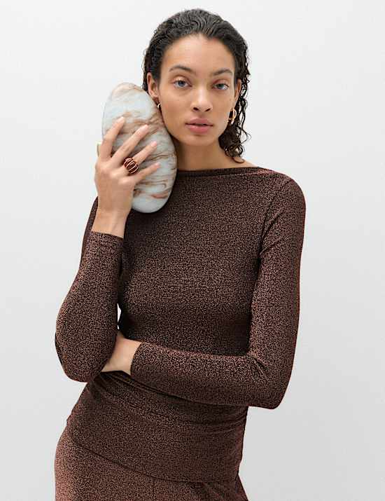 Sparkly Draped Slash Neck Regular Fit Top