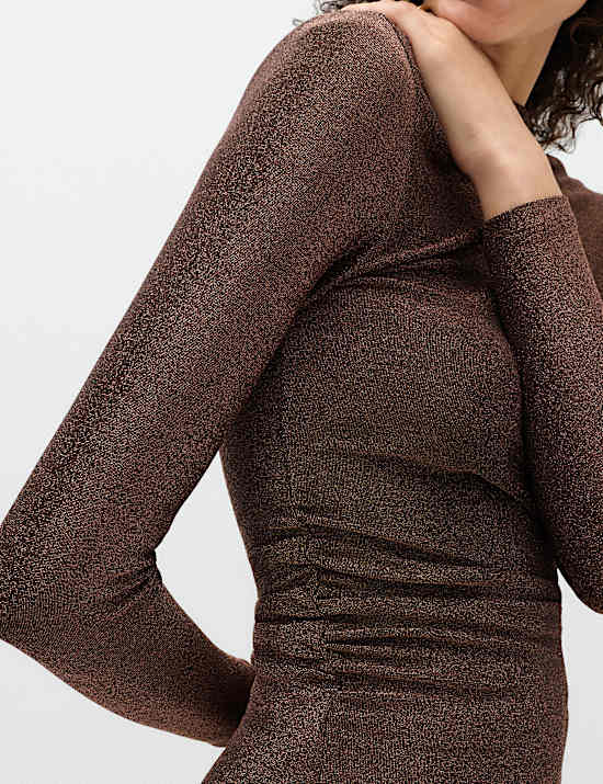 Sparkly Draped Slash Neck Regular Fit Top