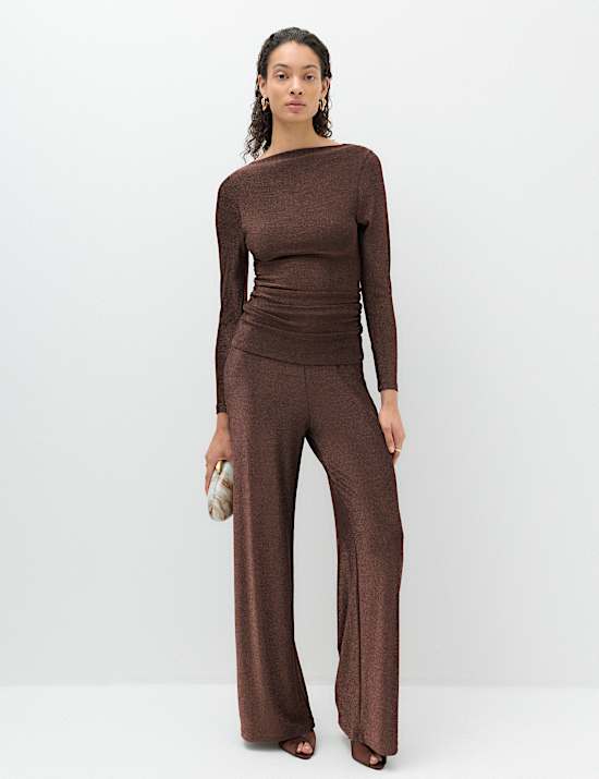 Sparkly Draped Slash Neck Regular Fit Top