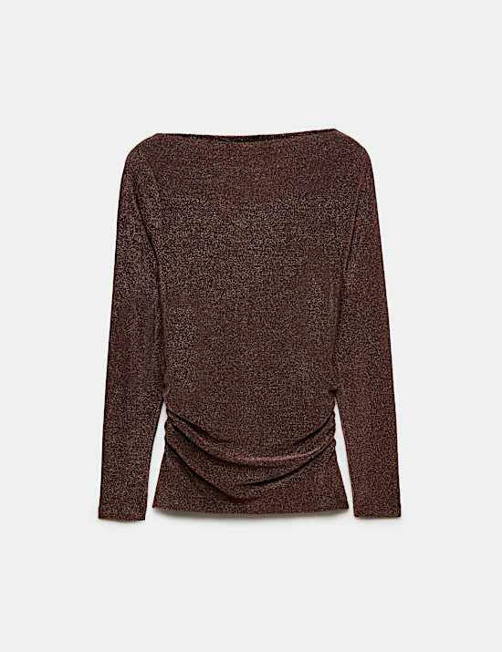 Sparkly Draped Slash Neck Regular Fit Top