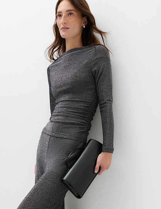 Sparkly Draped Slash Neck Regular Fit Top