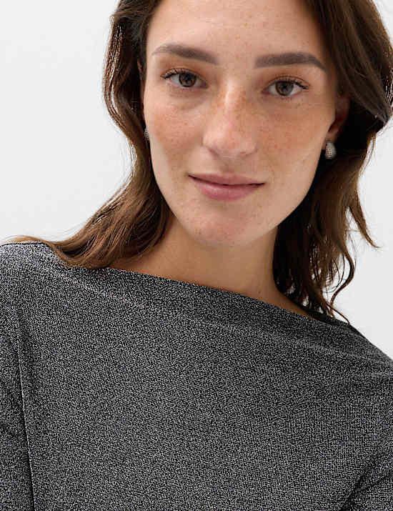 Sparkly Draped Slash Neck Regular Fit Top