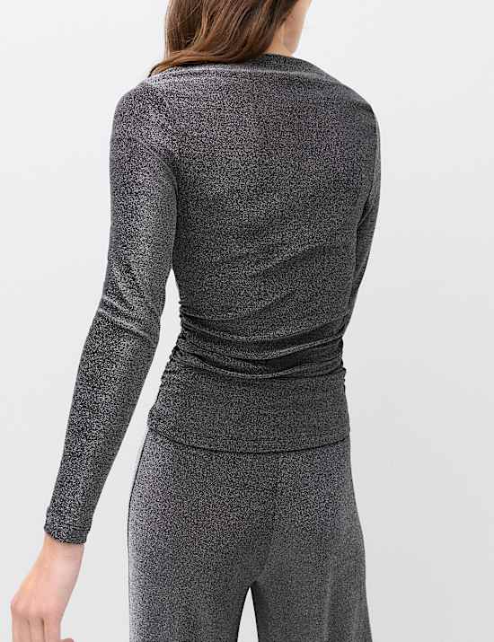 Sparkly Draped Slash Neck Regular Fit Top