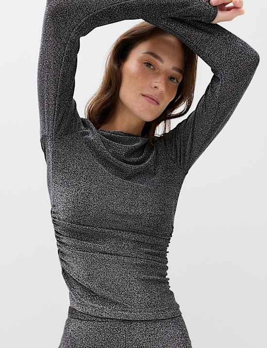 Sparkly Draped Slash Neck Regular Fit Top