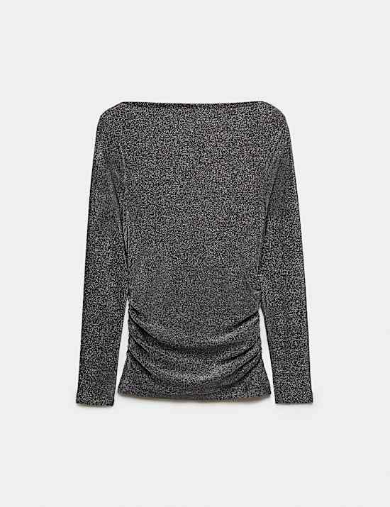 Sparkly Draped Slash Neck Regular Fit Top