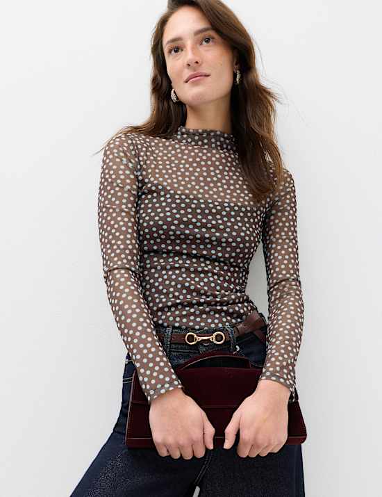 Mesh Jersey Polka Dot High Neck Fitted Top
