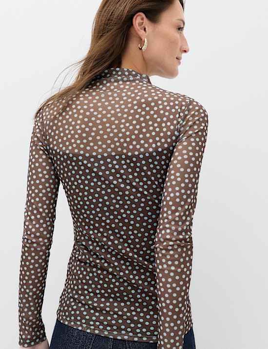 Mesh Jersey Polka Dot High Neck Fitted Top
