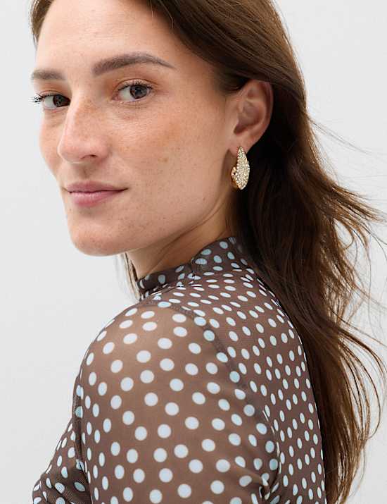 Mesh Jersey Polka Dot High Neck Fitted Top
