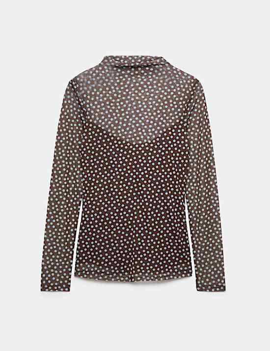 Mesh Jersey Polka Dot High Neck Fitted Top