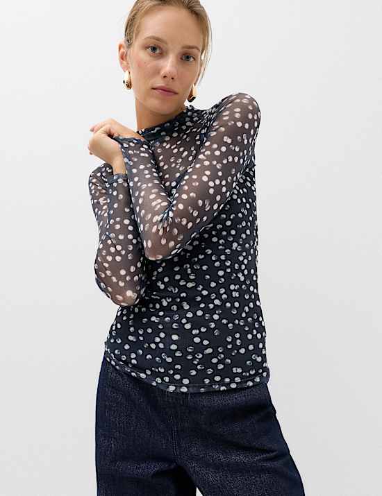 Mesh Jersey Polka Dot High Neck Fitted Top