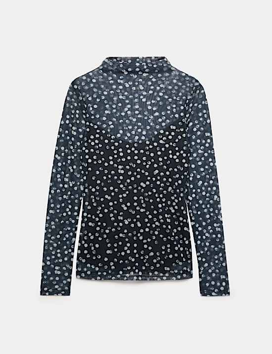 Mesh Jersey Polka Dot High Neck Fitted Top