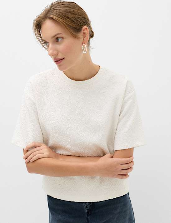 Cotton Blend Textured Crew Neck T-Shirt