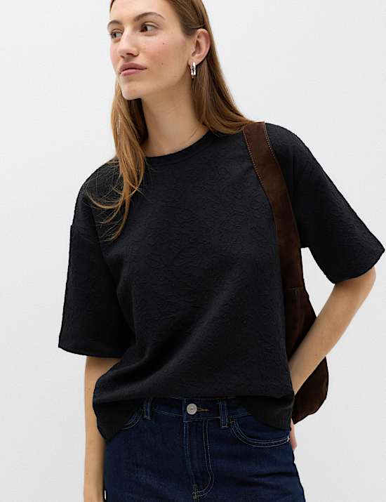 Cotton Blend Textured Crew Neck T-Shirt