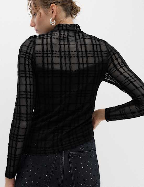 Velvet Mesh Funnel Neck Top