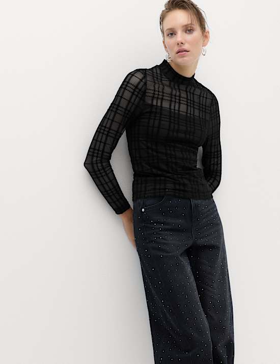 Velvet Mesh Funnel Neck Top
