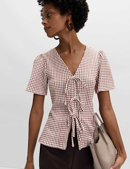 Gingham Textured V-Neck Tie Front Top